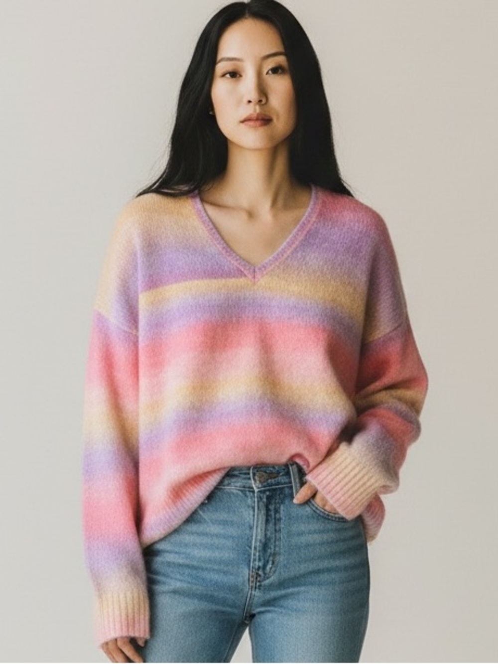 Lilly Pulitzer Chiya Striped Pastel Rainbow V Neck Sweater Womens Size Small